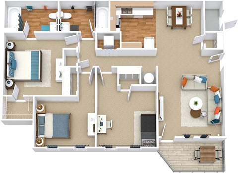 A top-down view of a house layout with a kitchen, living room, and bedrooms.